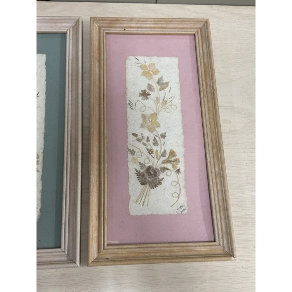 Vintage 'Wildflower'‎ Pressed Floral Botanical Panels Pink and Blue Background